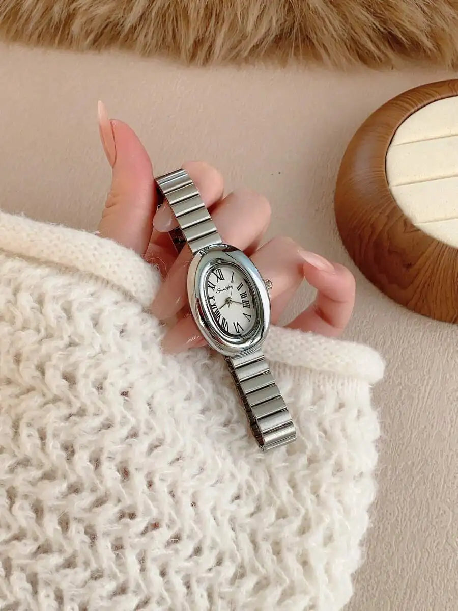 1pc Oval Bamboo Texture Strap Women's Watch, Gold Adjustable Strap, Elegant & Versatile Quartz Wristwatch, Suitable For Daily