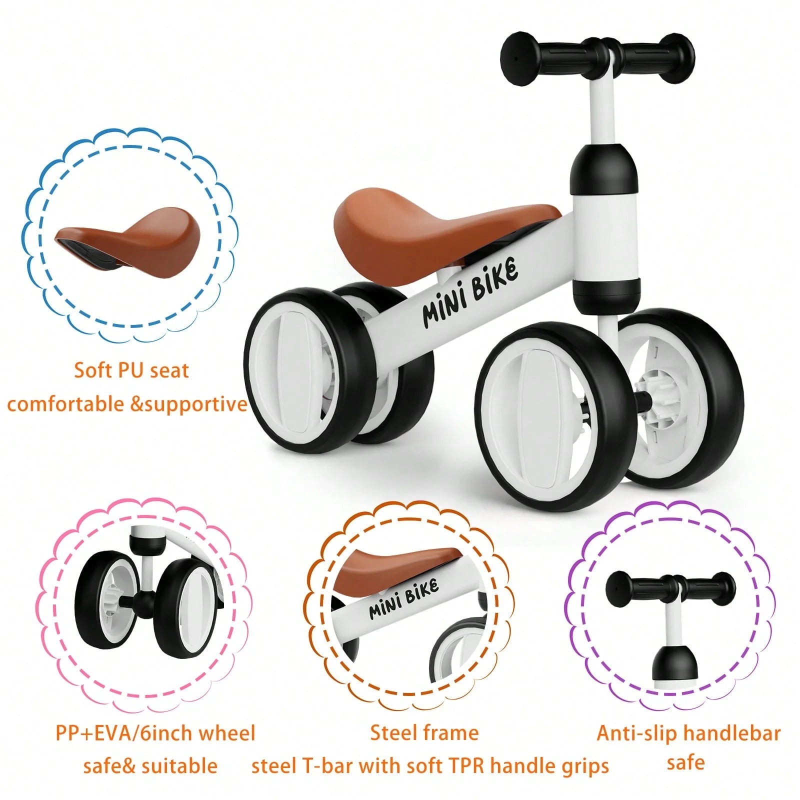 Toddler Balance Bike 10-24 Months | 4-Wheel No-Pedal Ride On Toy with 135° Steering,Anti-Rollover, Lightweight 3.3lbs, Silent Wheels for Baby Boys Girls