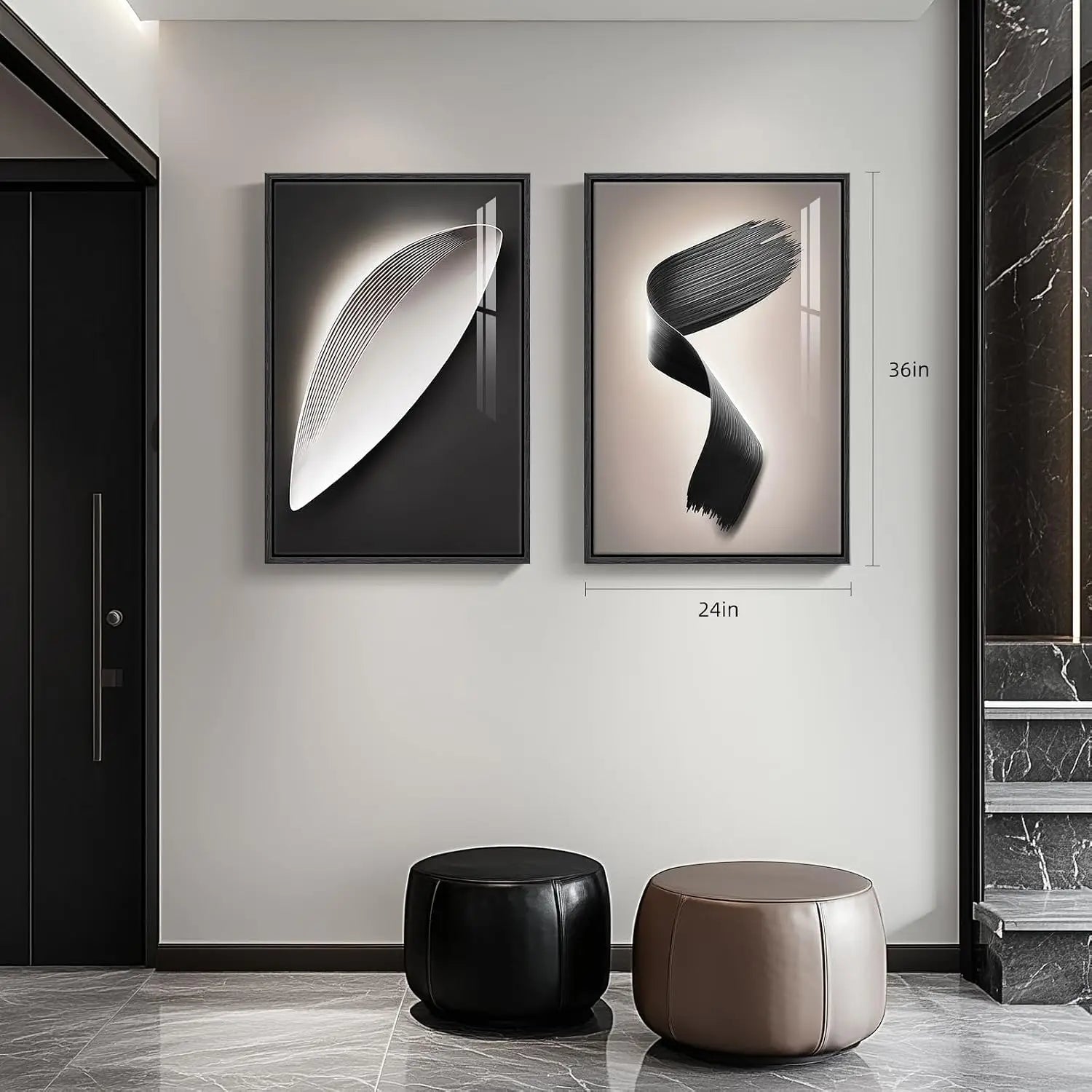 Large Framed Modern Wall Art for Living Room, 3 Piece Black and White Abstract Contemporary Pictures Artwork Decor, Geometric Luxury Bright Style Prints Paintings for Hallway and Office 24x36 Inch