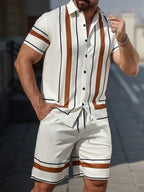 Men's Vertical Stripe Short Sleeve Button-Down Shirt And Shorts Set Summer Casual