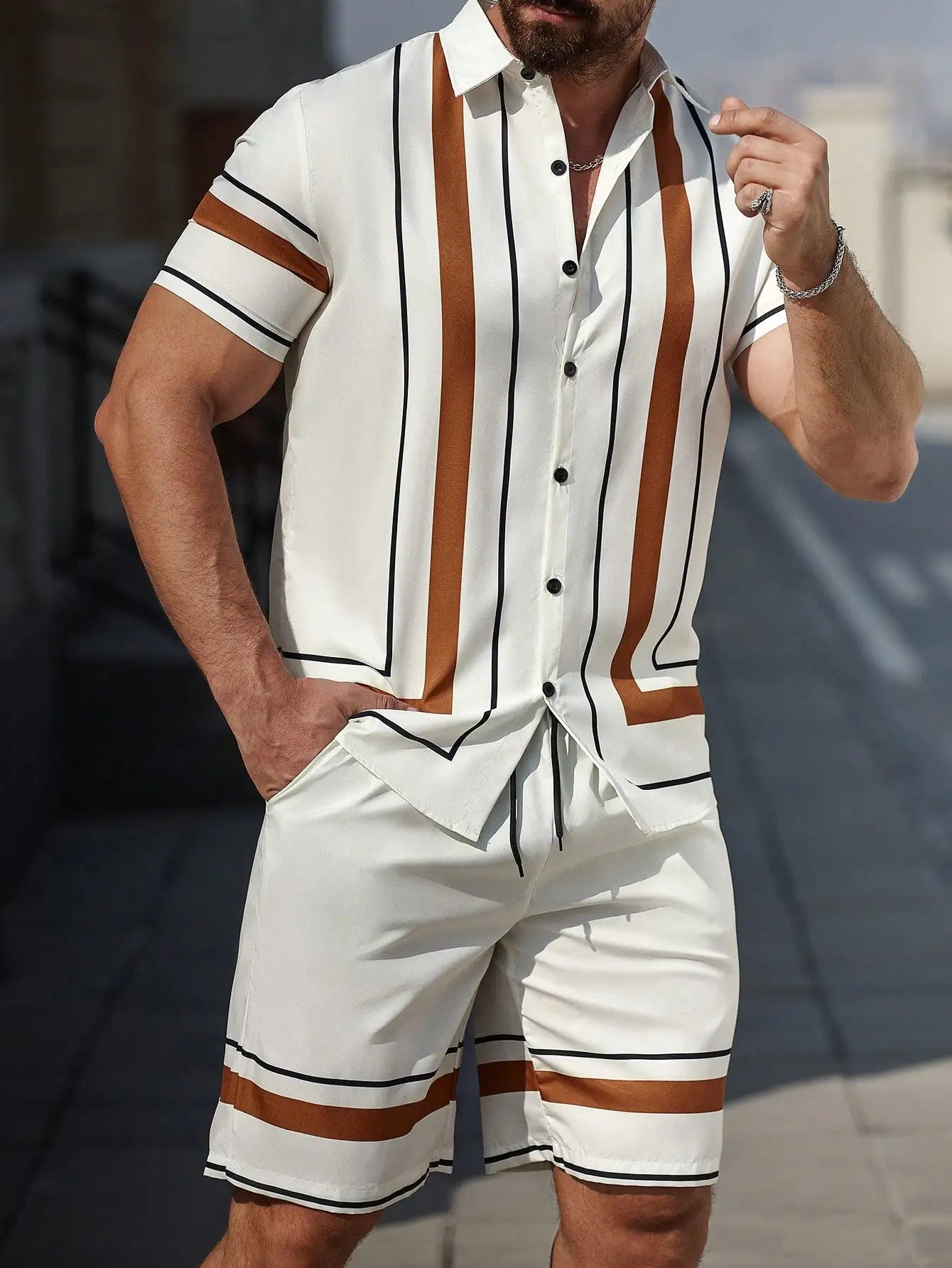 Men's Vertical Stripe Short Sleeve Button-Down Shirt And Shorts Set Summer Casual