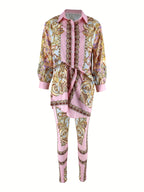Women 2 Piece Set Ornate Print Long Sleeve Button Shirt Top Pants Outfit Elegant Casual Vacation Matching Set