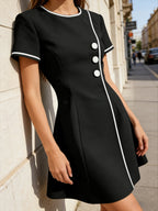 Elegant Black White Piping Short Sleeve Round Neck Button Decor Flared Dress Formal Work Wear