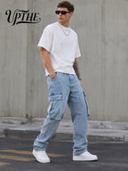 UP.THE Men Light Wash Cargo Baggy Wide Leg Jeans, Y2K Oversized Loose Denim Pants, Multi Pocket Streetwear Trousers for Daily Outfits