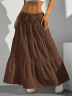 Flared Long Skirt Spring Summer Women Euro American Loose Tie Strap Splice Midi Skirt Light Soft Fabric Flowy Vacation Daily Casual Bottoms