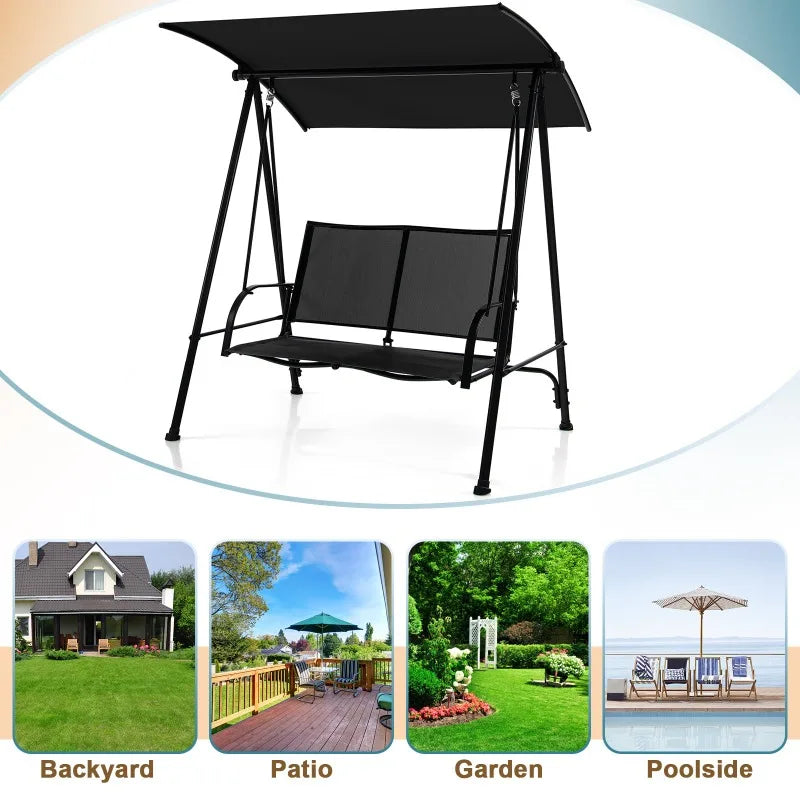 2-Seat Patio Swing Porch Swing w/ Adjustable Canopy for Garden Black Outdoor Furniture
