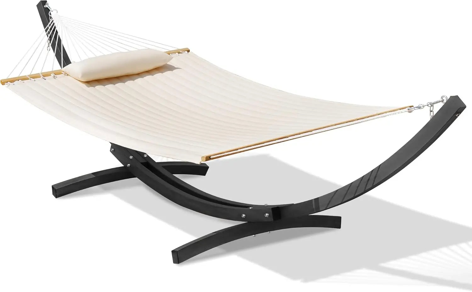 Outdoor, Backyard, Patio Use - Quilted Hammock in Cream, 450 Lbs Capacity with Stand and Pillow