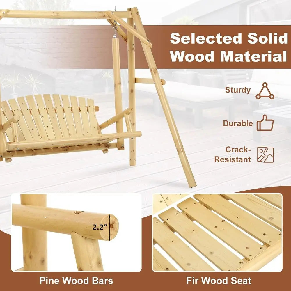 Durable 2-Seat Wooden Porch Swing with A-Frame Stand, Outdoor Patio Swing Bench, High Capacity for Backyard or Garden