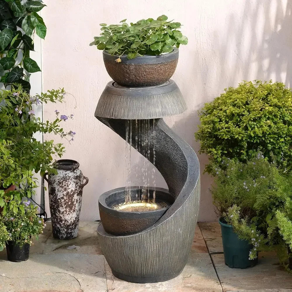 S-Shaped Outdoor Waterfall Fountain with LED Lights and Planter Bowl for Garden, Patio, Balcony, or Yard Decor