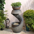 S-Shaped Outdoor Waterfall Fountain with LED Lights and Planter Bowl for Garden, Patio, Balcony, or Yard Decor