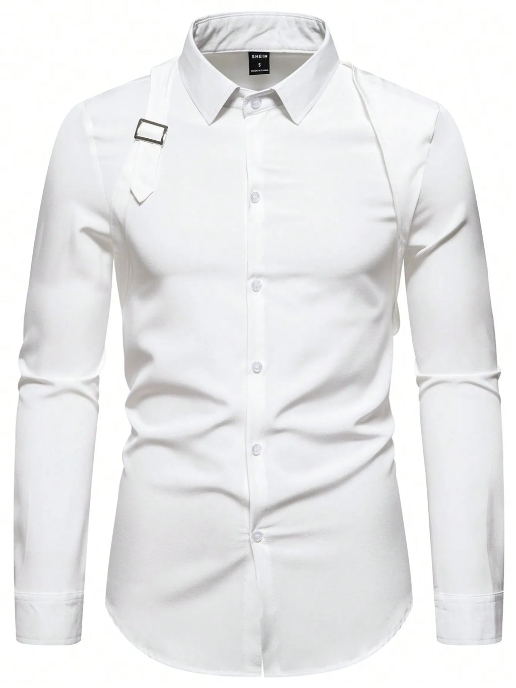Men's Solid White Long Sleeve Shirt with Strap Detail, Slim Fit for Office or Casual Wear
