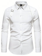 Men's Solid White Long Sleeve Shirt with Strap Detail, Slim Fit for Office or Casual Wear