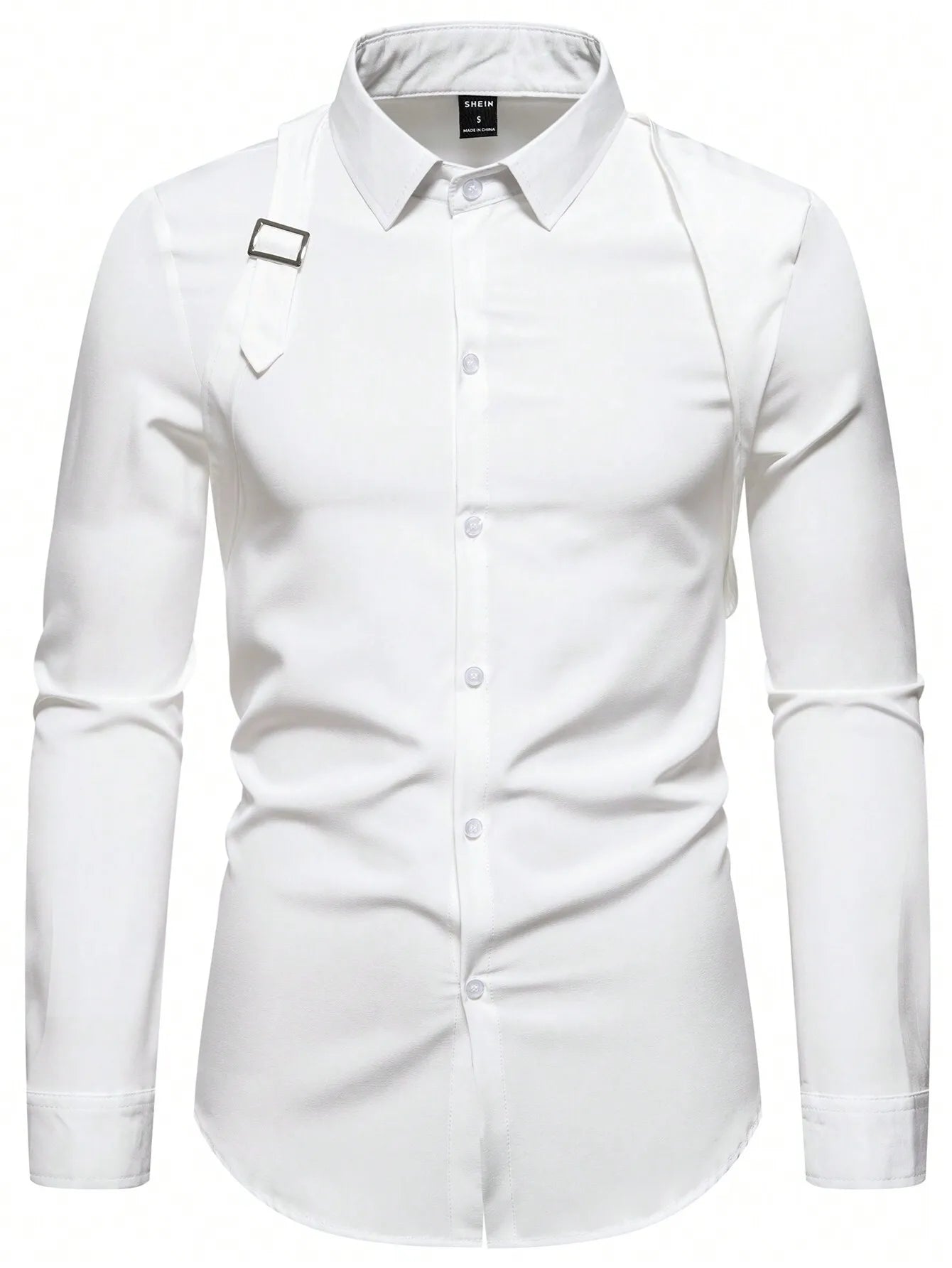 Men's Solid White Long Sleeve Shirt with Strap Detail, Slim Fit for Office or Casual Wear