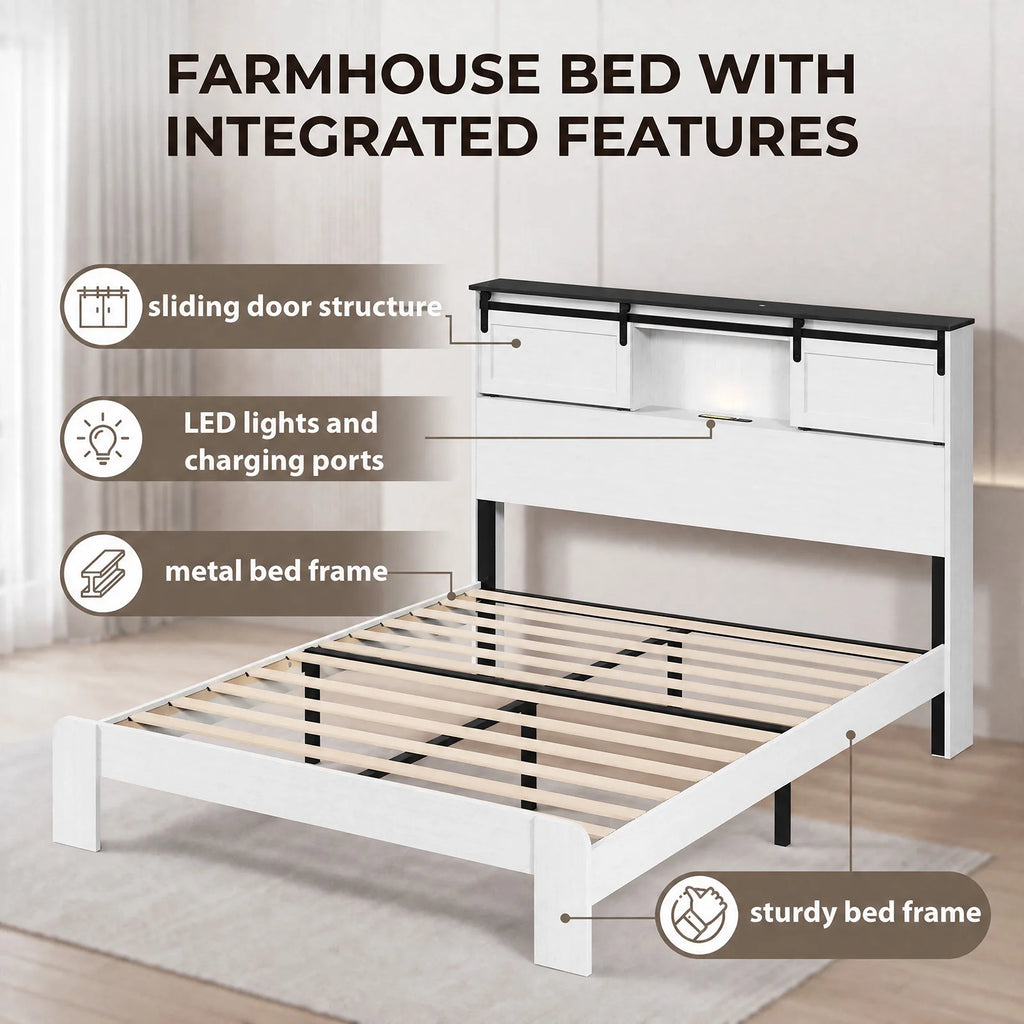 Portable Farmhouse Queen Size Bed Frame with Storage Headboard Barn Door Charging Station Wood Slats No Box Spring Needed White