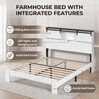 Portable Farmhouse Queen Size Bed Frame with Storage Headboard Barn Door Charging Station Wood Slats No Box Spring Needed White