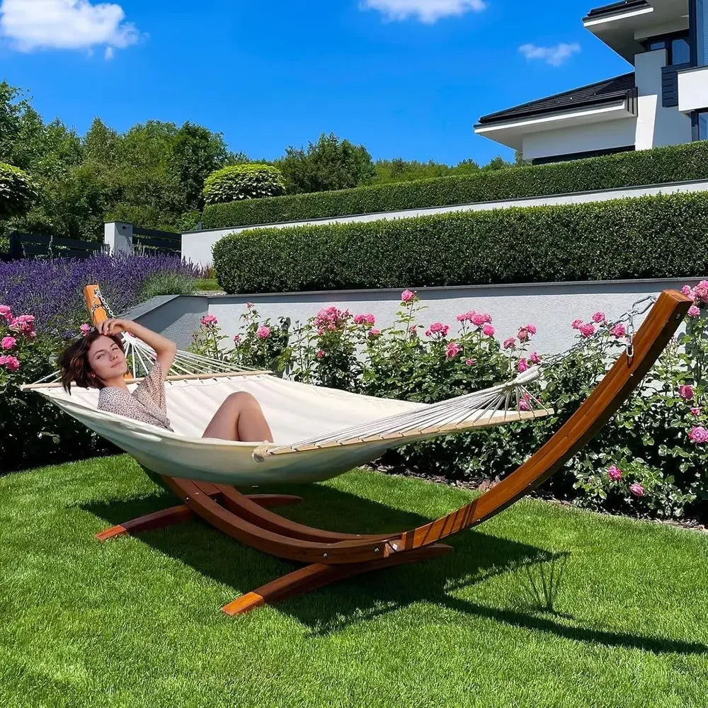 2 Person Heavy Duty Hammock with Stand for Outdoor Spaces, 550lbs Capacity, White-Yellow