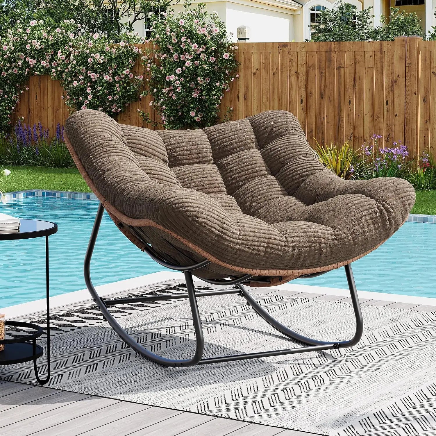 Oversized Outdoor Rocking Chair Metal And PE Rattan Frame With Cushion 400LBS Capacity Gentle 30 Degree Rocking Comfort Ideal For Patio Garden Or Living Room