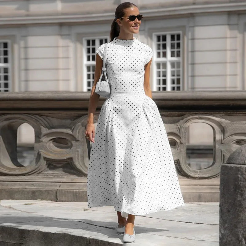 XTOCEAN White Polka Dot Long Dress Summer Sexy High-Waisted Vintage Print Sleeveless Dress Casual Party Vacation New Women Dress