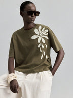 White Embroidered Floral Tee Short Sleeve Crew Neck Loose Comfortable Cotton T-Shirt