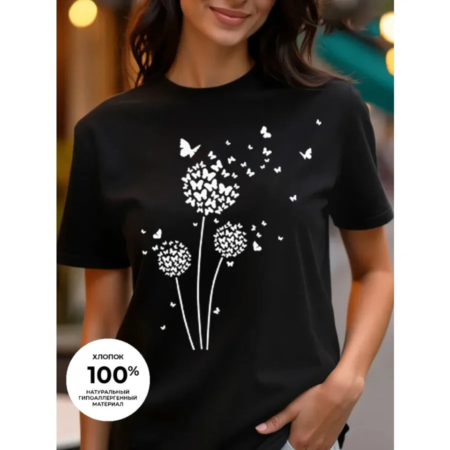 【New Arrival】Dandelion Butterfly Watercolor Print T-Shirt Women's Summer Cotton Casual Top