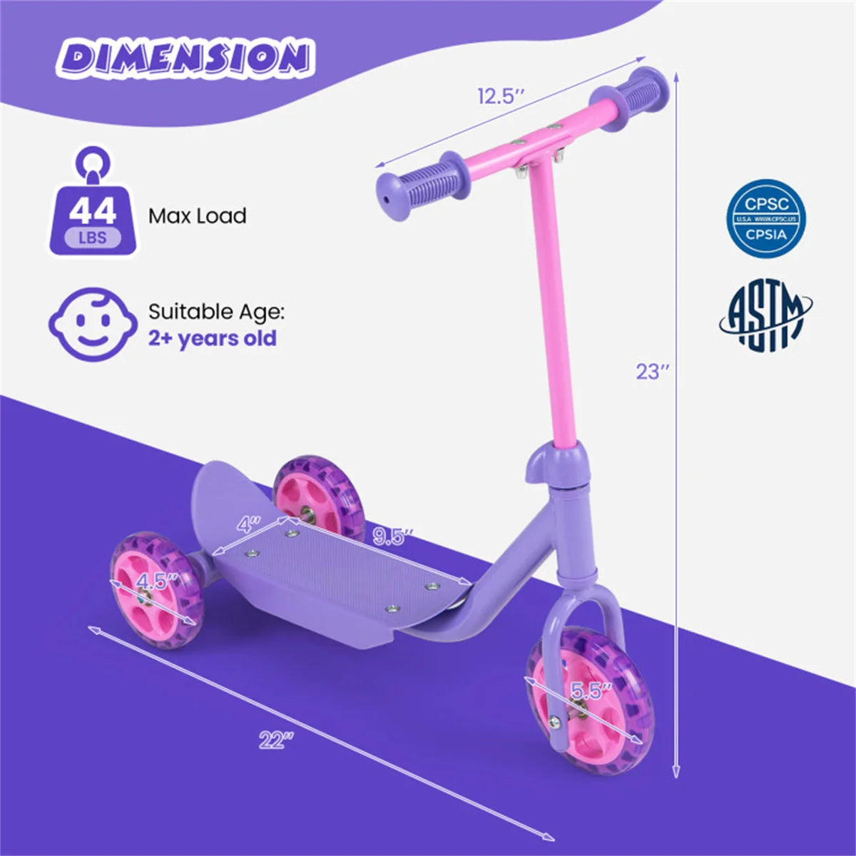3-Wheel Toddler Scooter with LED Light-Up Wheels for Beginners Age 2+