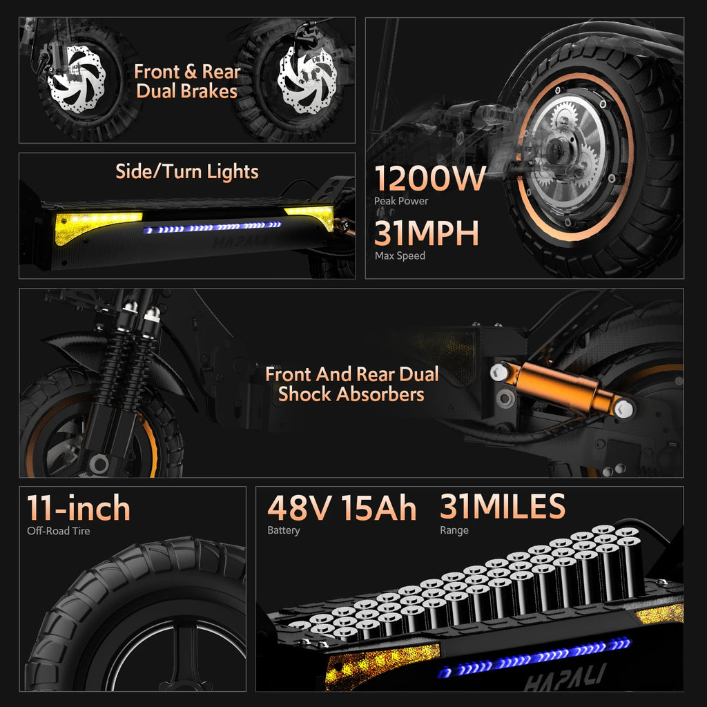Off-Road Electric Scooter, 1200W Motor, 31 Miles Range, 31 MPH, 11' All-Terrain Tire Double Suspension Side Light Disc Brakes for Adults