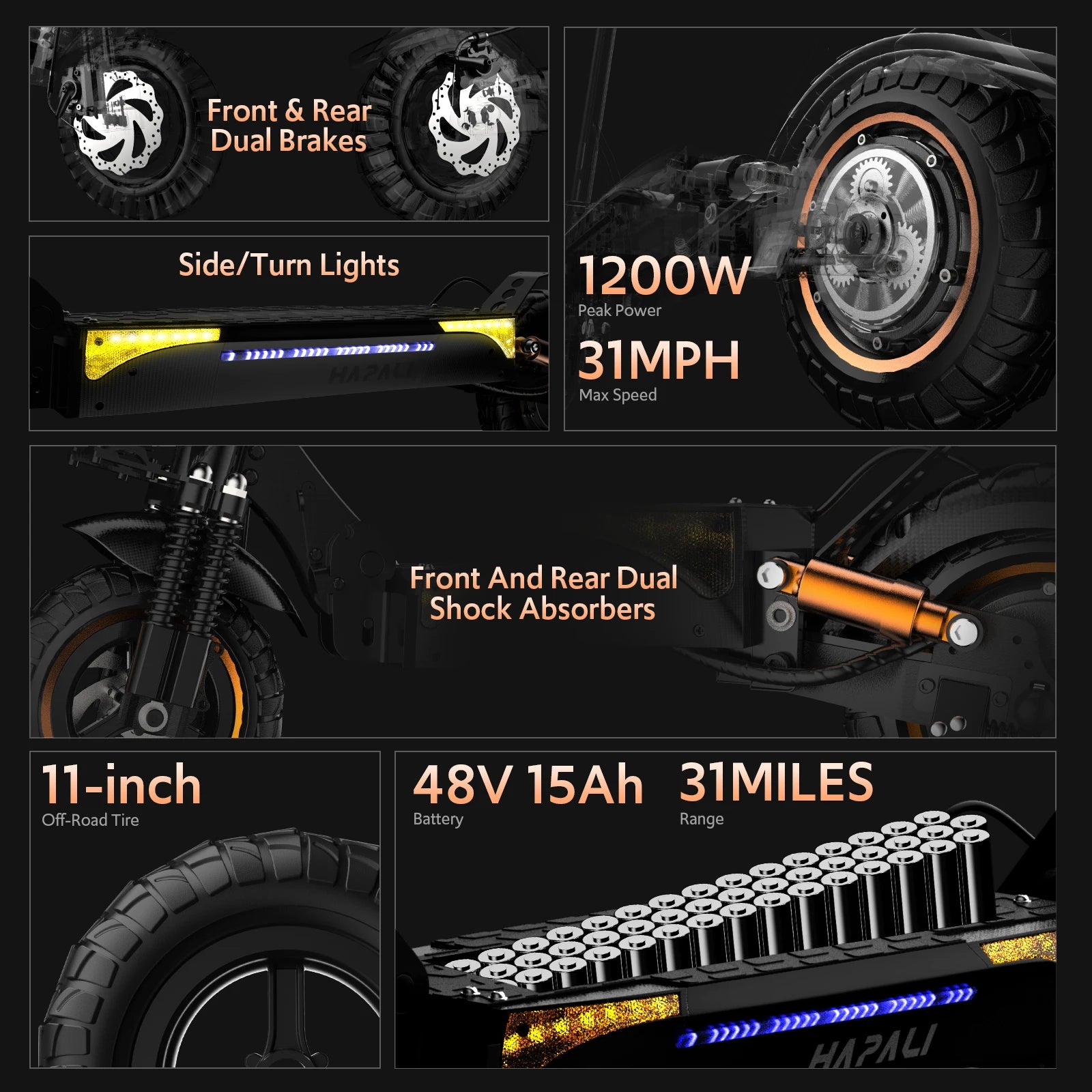 Off-Road Electric Scooter, 1200W Motor, 31 Miles Range, 31 MPH, 11' All-Terrain Tire Double Suspension Side Light Disc Brakes for Adults