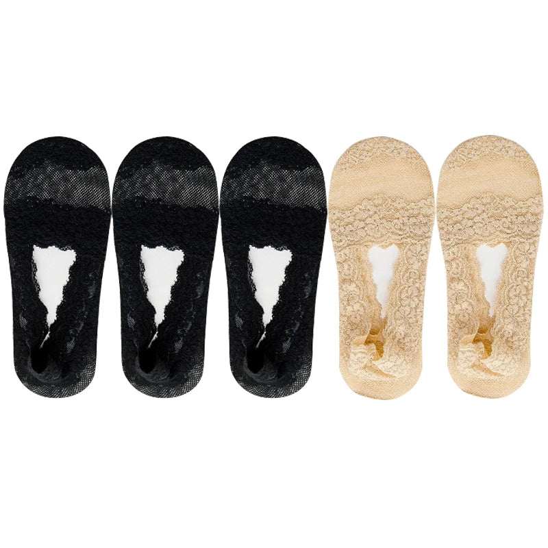 5 Pairs Socks Women's Lace Invisible Short No-Show Ankle Foot Summer Cotton Transparent White Low Cut Boat Sock