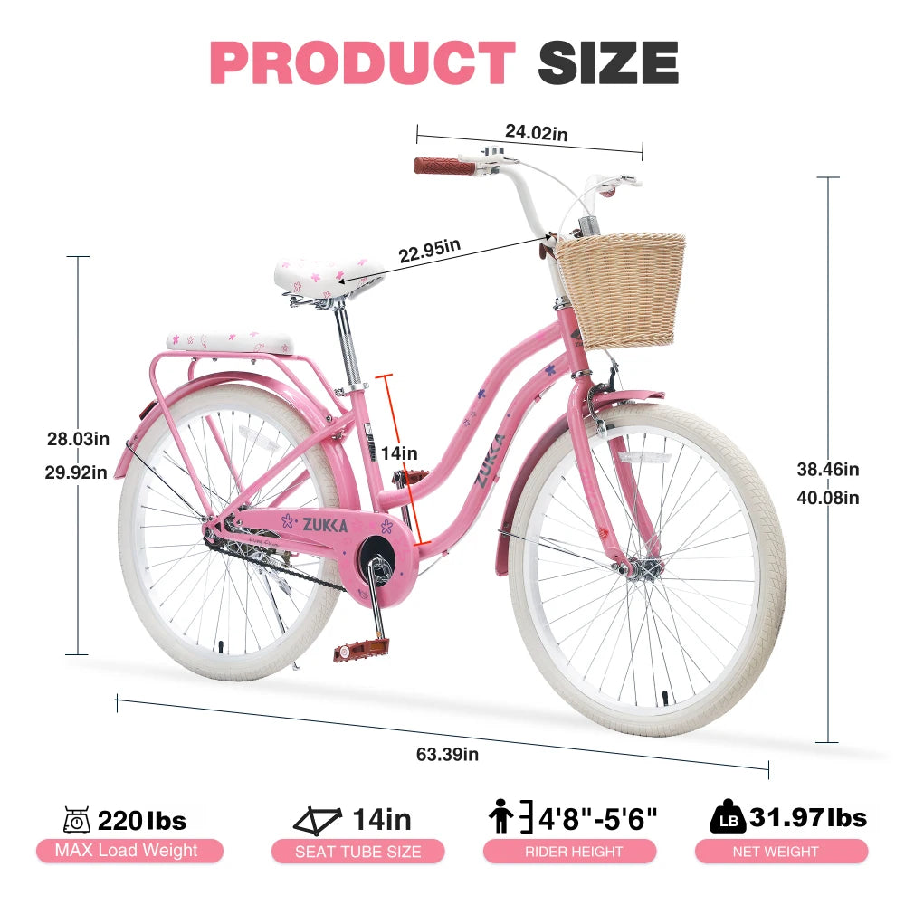 24 inch teenage adult female outdoor cycling, single speed commuter bike with wicker basket and rear rack