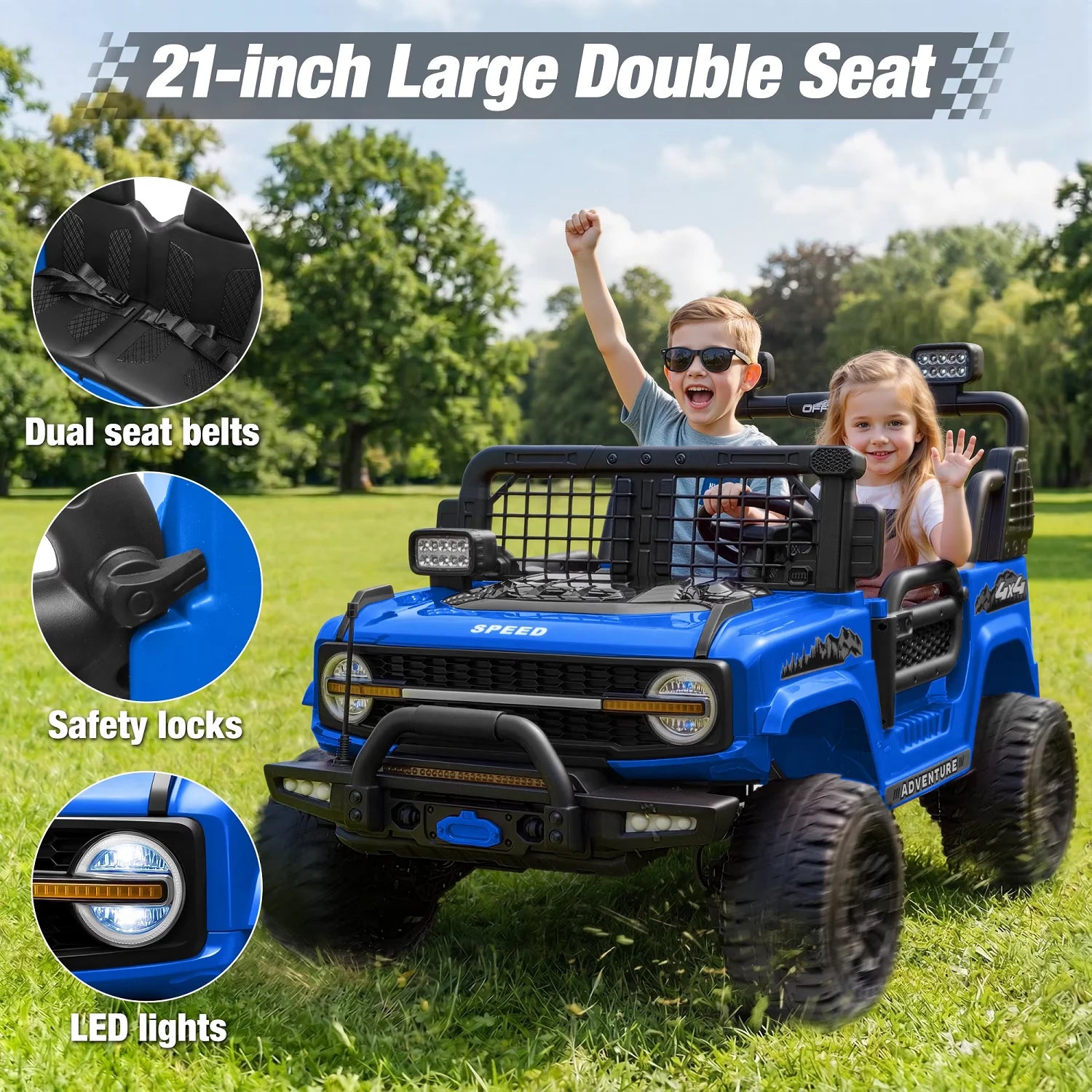 2 Seater 24V Kids Electric Ride On Off-Road Truck with Remote Control Bluetooth LED Lights, 2-Seat Ride On Vehicle Toy for Kids Boys Girls Gift