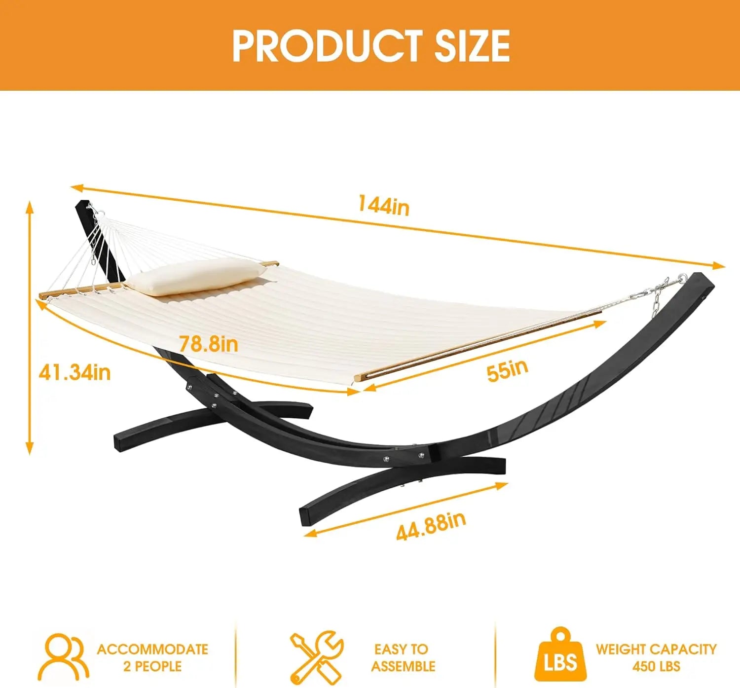 Outdoor, Backyard, Patio Use - Quilted Hammock in Cream, 450 Lbs Capacity with Stand and Pillow