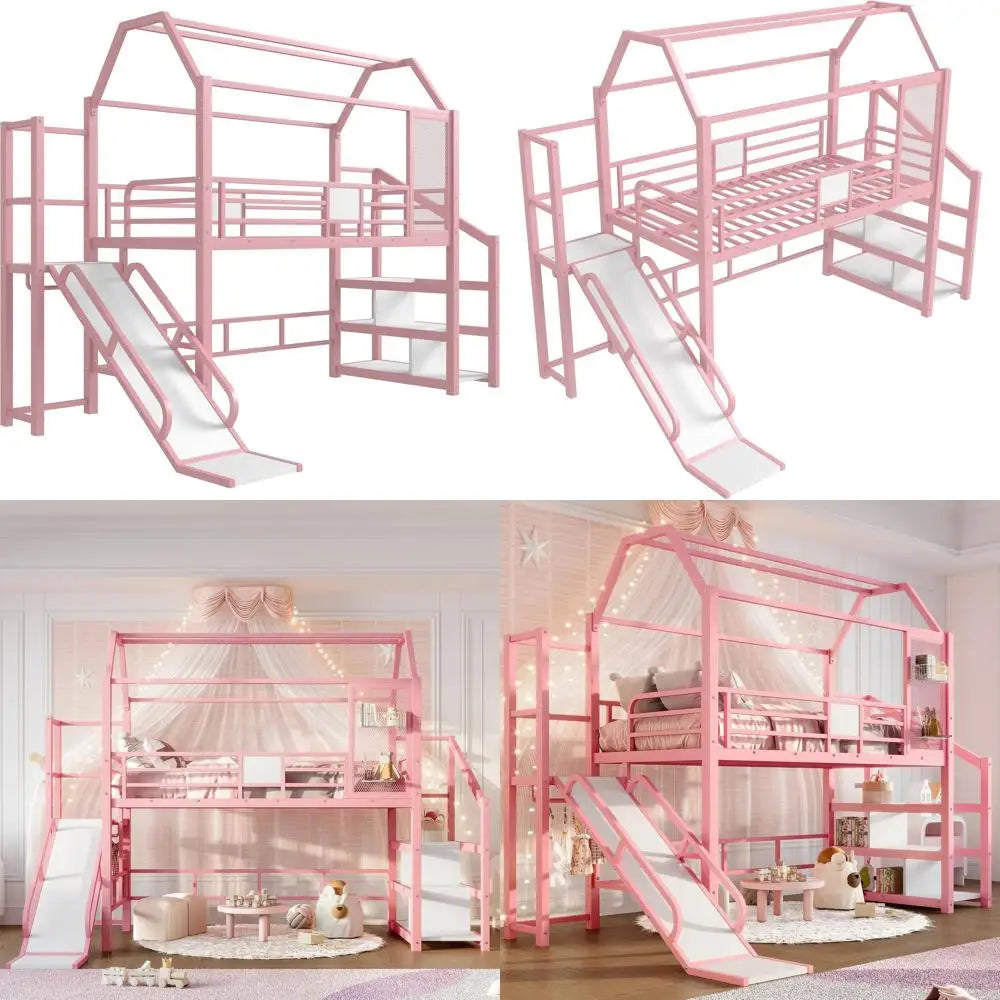 Twin Size Metal Bunk Bed with Slide, Stairs & Storage, Playhouse Underneath, Pink for Kids