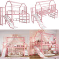 Twin Size Metal Bunk Bed with Slide, Stairs & Storage, Playhouse Underneath, Pink for Kids