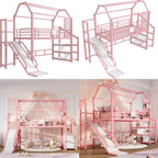Twin Size Metal Bunk Bed with Slide, Stairs & Storage, Playhouse Underneath, Pink for Kids