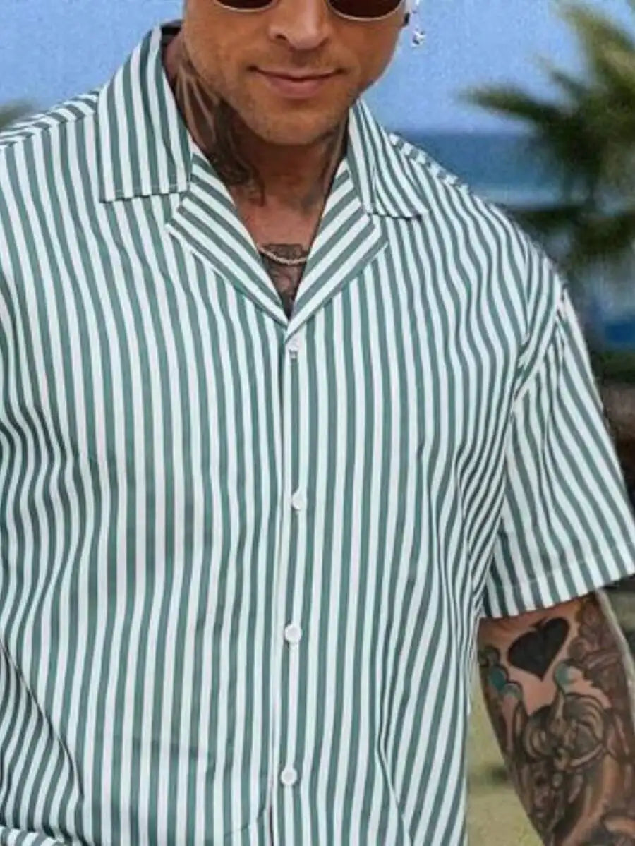 Mens Green And White Vertical Stripe Short Sleeve Shirt And Shorts Set Casual Summer Outfit