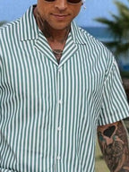 Mens Green And White Vertical Stripe Short Sleeve Shirt And Shorts Set Casual Summer Outfit
