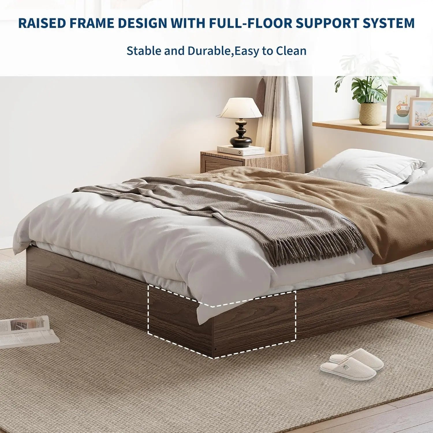 King Size Solid Wood Platform Bed with Sturdy Wooden Slats, Floor-Standing Bed Frame, Modern Minimalist Design Bed Frame, No Box Spring Needed, Space Saver, Easy Assembly, Walnut Wood