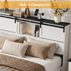 Portable Farmhouse Queen Size Bed Frame with Storage Headboard Barn Door Charging Station Wood Slats No Box Spring Needed White