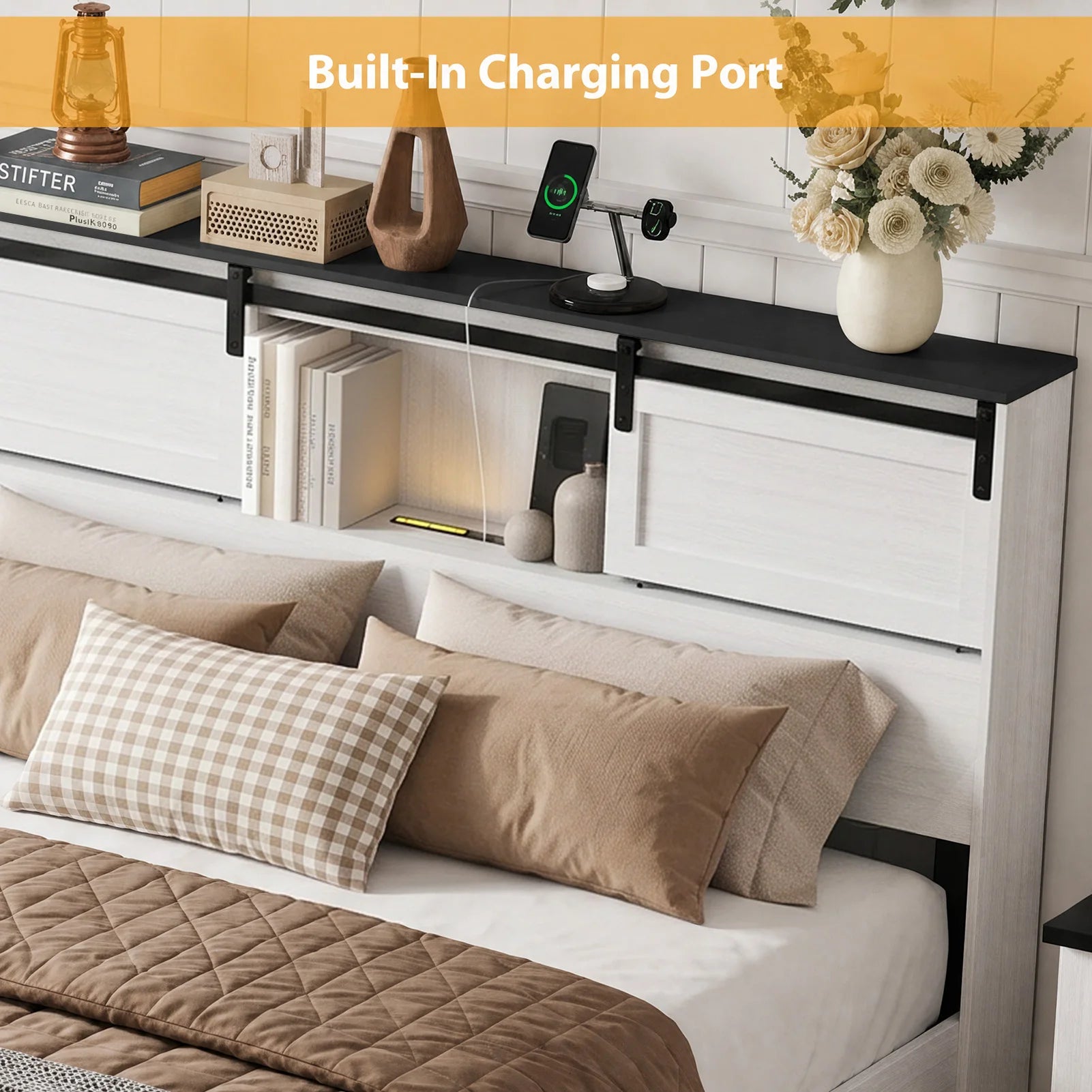Portable Farmhouse Queen Size Bed Frame with Storage Headboard Barn Door Charging Station Wood Slats No Box Spring Needed White
