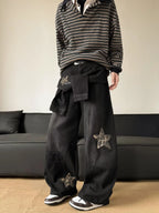 Men's Black Washed Baggy Wide Leg Jeans Leopard Print Star Patch Fake Layer Waist Design Hip Hop Street Style Casual Daily Outing Loose Denim Trousers