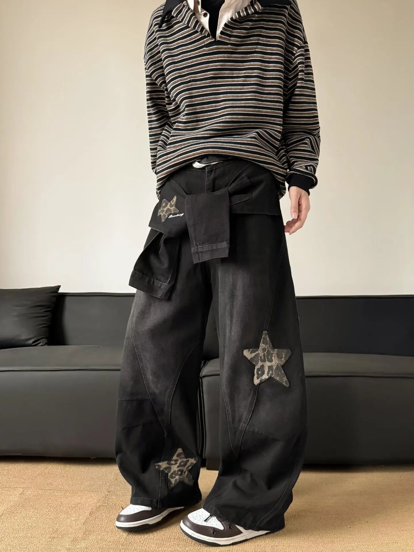 Men's Black Washed Baggy Wide Leg Jeans Leopard Print Star Patch Fake Layer Waist Design Hip Hop Street Style Casual Daily Outing Loose Denim Trousers