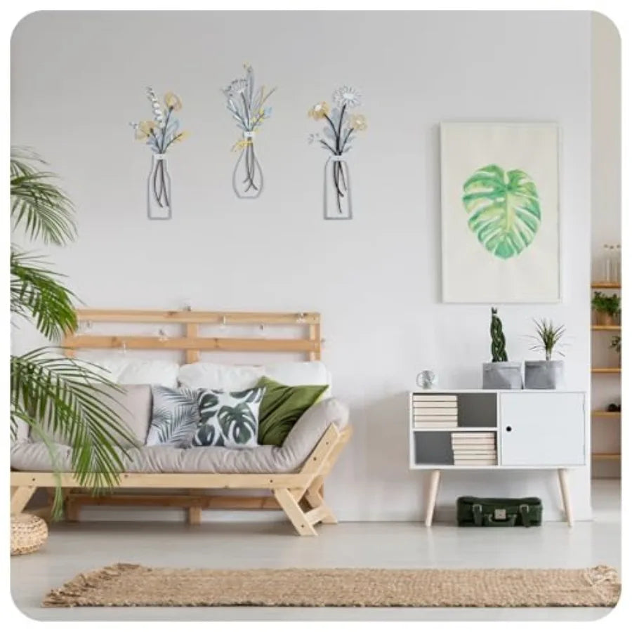 3 Pcs Metal Flowers Wall Art for Living Room, Dining Room, Bedroom Decor Minimalist Floral Vases Wall Decor Boho Metal Wall Art