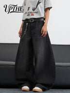 UP.THE Men's Black Baggy Wide Leg Jeans, Y2K Hip Hop Streetwear Denim Pants with Back Embroidery, Oversized Loose Skater Jeans for Street Activities