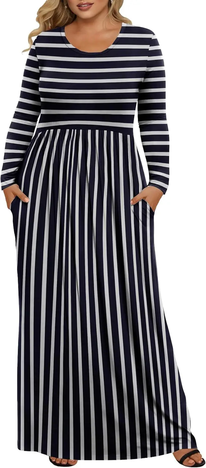 Womens Plus Size Maxi Dresses for Curvy Women Fall 2025 Casual Long Sleeve Long Dress with Pockets 1X-5X