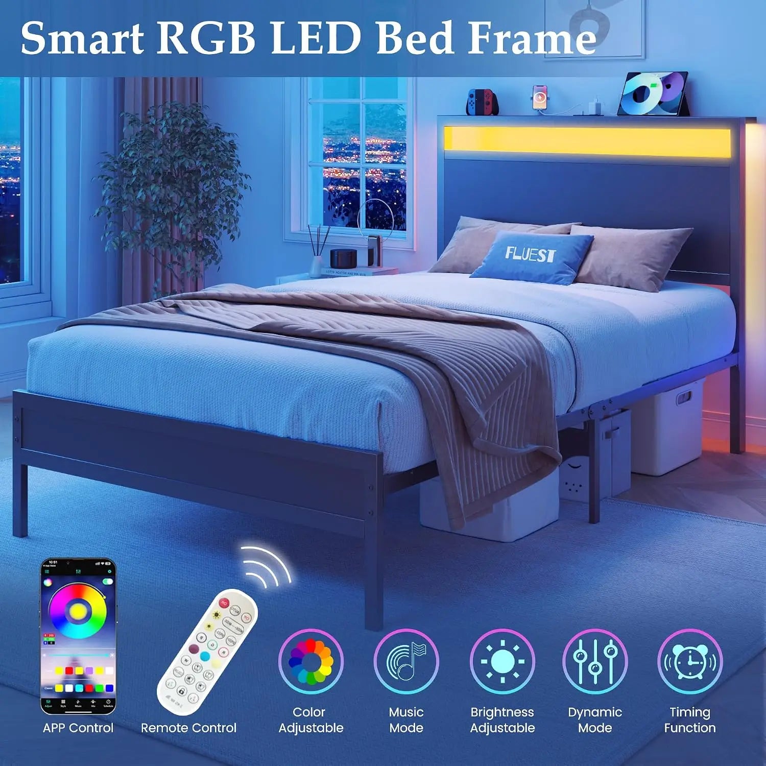 Twin Bed Frame with Headboard & Footboard, Twin Bed Frame with Charging Station & LED Light, Under-Bed-Storage, No, Customized