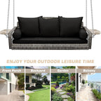 Outdoor Garden Yard Lawn Porch Swing, Wicker, Black Grey Rattan, 3 Person, Cushion, Cup Holder