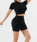 Workout Sets for Women 2 Piece Seamless Ribbed Short Sleeve Crop Top High Waist Shorts Yoga Outfits