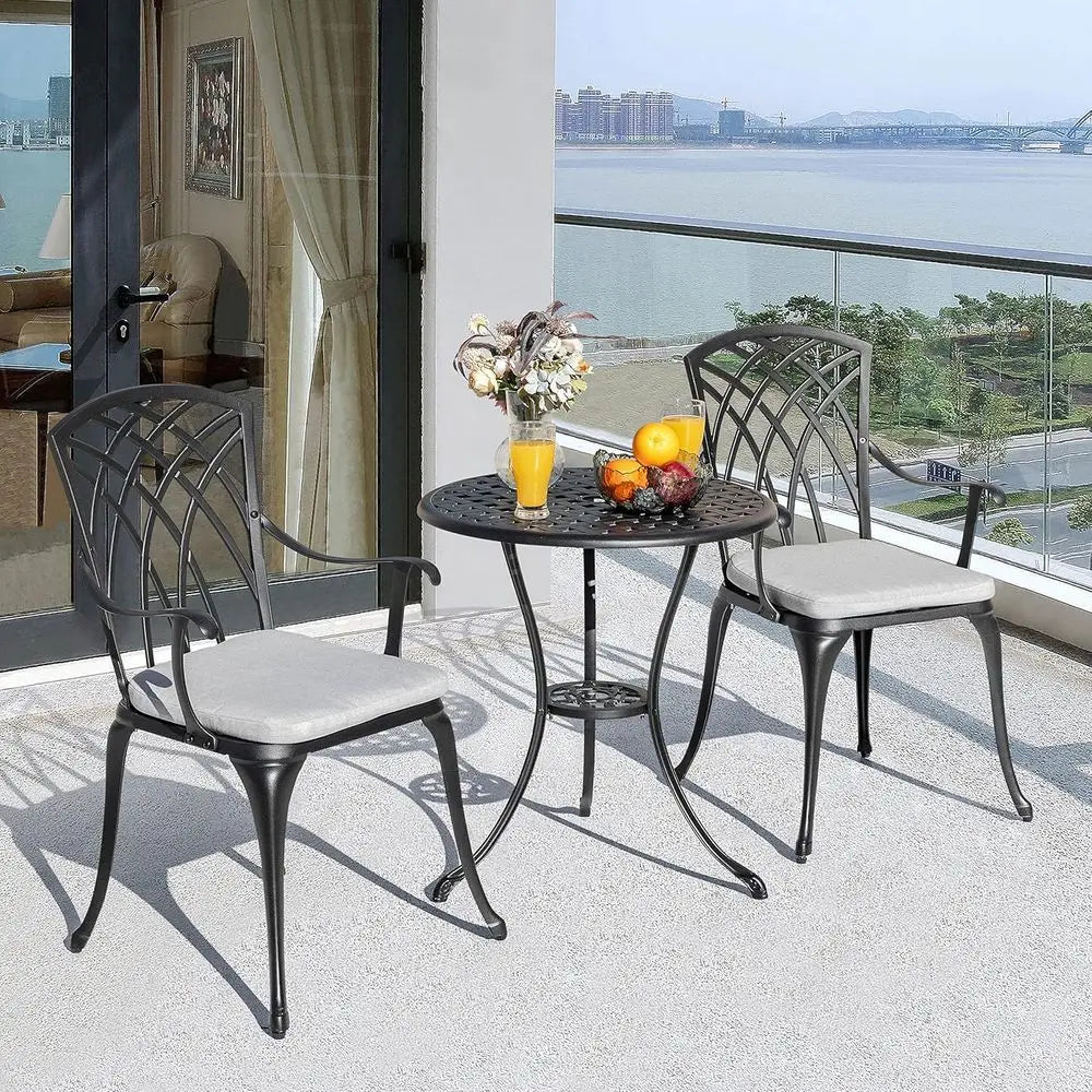 3 Piece Outdoor Cast Patio Bistro Set with Umbrella Hole and Gray Cushions, Black