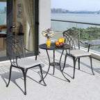 3 Piece Outdoor Cast Patio Bistro Set with Umbrella Hole and Gray Cushions, Black