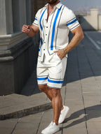 Men's Vertical Stripe Short Sleeve Button-Down Shirt And Shorts Set Summer Casual